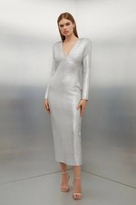 Karen Millen - Beautiful Foiled Bandage V Neck Knit Midaxi Dress Size M/10