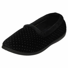 Ladies Black Cushioned Slippers Wide Fit Comfort House Shoes Shiny Dots
