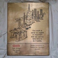 Brass Plaque Conoco Safe Drilling Award 1987 Murchison Rig Aberdeen  9.5"x12"