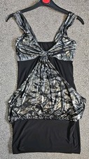 METALLIC SILVER BLACK STRAP BODYCON SHORT EVENING PARTY CLUBBING DRESS S/M 8/10