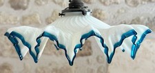 Vintage French opaline glass frilly coolie light shade blue edge + fittings