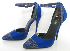 REISS SIZE 3 WOMENS ROYAL BLUE SATIN DIAMANTE TWO PART ANKLE STRAP COURT SHOES