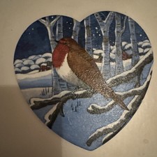 Emma. Bridgewater Inspired Christmas Midnight Robin Ceramic Heart Shape Coaster