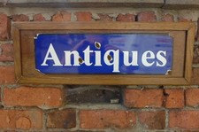 Antique Enamel ''Antique'' Metal Sign Poster Man Cave Club In Wooden Frame Shop