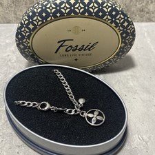 FOSSIL Flower Charm Bracelet Steel Chain Silver Tone 18cm Stack Kitsch In Tin