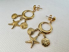 VTG 1980s Dangle Hoop Earrings Starfish Sea Shell Sand Dollar Charms Gold Plated