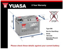 Car Battery YBX5096 Yuasa 096 740A 80Ah 5Yr WTY 278x175x190 Silver High Perf.