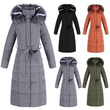 Women Winter Warm Padded Long Parka Lady Quilted Knee Coat Hooded Jacket Outwear
