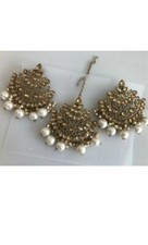 Indian Pakistani Earrings Tikka Set Pearls design Gold  Kundan Stones Bridal 
