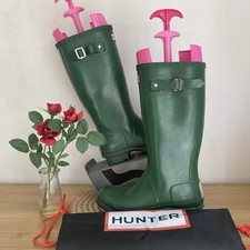 Ladies Kids Original Gloss Green Hunter Wellies Size UK4/EU37 + Drawstring Bag