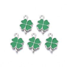 Enamel Charms Shamrock Four Leaf Clover Lucky Silver Base 19mm x 13mm 10pcs E281