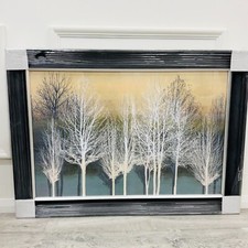Silver Trees on Aqua Wall Art Artwork Print in Deep Scoop Frame Black 90 x 60cm