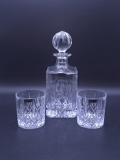 Thomas Webb Square Base Whiskey Decanter and Pair of Glasses with Label