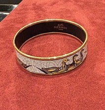 Hermes Gold Plated Blue Enamel Equestrian Swan Bangle Bracelet Retired