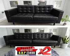 RRP:£1498 2xIKEA LANDSKRONA TWO/THREE SEAT BLACK LEATHER SOFA SUITE CHESTERFIELD
