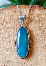 Blue Banded Agate 925 Sterling Silver Pendant Necklace 50 Cm 925 Silver Chain UK