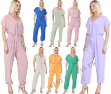 Womens V Neck Tie Belted Waist Parachute Wide Leg Jumpsuit Ladies Harem Playsuit