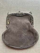 Vintage Antique Suede Bag with Metal Frame Decorated with Lions