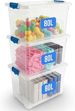 3x 80L Stackable Plastic Storage Boxes With Clip Lock Lids Home Clear Containers