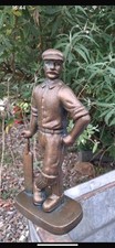 Large Heavy Vintage Bronze Coloured Metal Cricketer Sculpture Garden Feature33cm