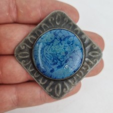 Vintage Arts & Crafts Style Pewter Brooch With Ruskin Style Blue Porcelain