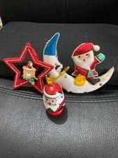 Xmas decs x3 Teddy bear in a star, santa on moon & sm wooden santa
