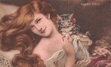 FEMALE FIGURE WITH KITTEN "HAPPY DAYS" A "CLIFTON BROMOGRAVURE POSTCARD" #233801
