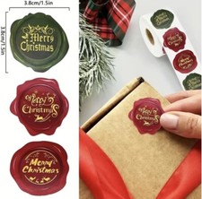 Merry Christmas Happy Xmas Labels Stickers Gift Seal Stamp Wax Look Label 3.8cm