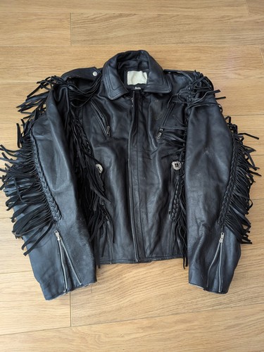 Vintage black leather fringe - leather,