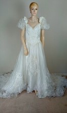 VINTAGE 80S STUNNING IVORY & WHITE VICTORIAN STYLE EMBELLISHED WEDDING DRESS 10