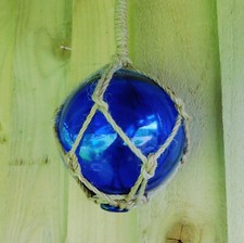 Glass Float Nautical Sea Fishing Buoy Blue | 5"/12.5cm Dia With Rope Hanger NEW