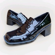 Zara Womens Black Patent Shoes UK 7 EU 40 Leather Heel Square Toe Slip on *New*