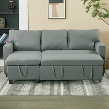 3 Seater Grey Linen Fabric Sofa Bed Pull Out Sofabed with Storage Lounge Chaise 