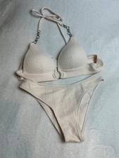 Cream Ribbed Jewel Trim Bikini