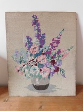 Vintage Completed Needlepoint Tapestry on Board Cottage Garden Flowers in Pot