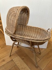 Vintage Dolls Wicker Crib Bassinet On Bamboo Stand 2 Piece Set