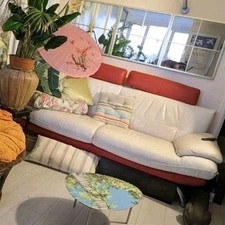 Vintage Retro Luxury Leather Sofa 80s 90s Retro Cream Red Headrests  