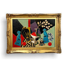 HUGE Vintage French Oil Painting, Abstract Cubist Oriental Foo Dogs, Mid Century