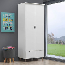 Scandinavian 2-Door Wardrobe with 2 Drawers White Modern Cut-Out Handle Design