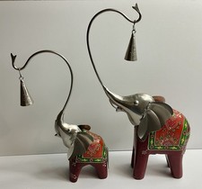 2 Indian Handcrafted Wood And Metal Elephant Bells, Good Luck House Warming Gift