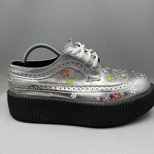 TUK Shoes Womens Size 7 Silver Platform Creepers Brogue Flower Punk Goth Skull