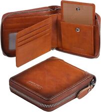 Genuine Leather RFID Zipper Wallet Secure Blocking Bifold with Coin Pocket Purse