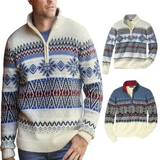 Mens Jumper 1/4 Zip Jacquard Knitted Funnel Neck Half Zip Sweater Pullover S-4XL