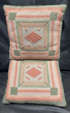 2 x Vintage Handmade Green Velour Embroidered Cushions 11”x11”