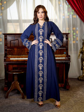 Elegant Navy Blue Abaya with Gold Embroidery – Moroccan/Arabian Kaftan Dress