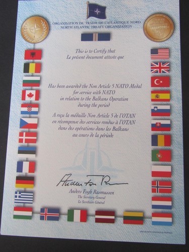 Genuine nato medal certificate - genuine,