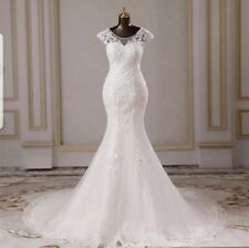UK White/ivory Cap Sleeve Mermaid Beach Modest Wedding Dresses Size 6-18