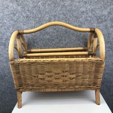 Vintage Wicker Bamboo Large Magazine Rack Cane Storage Basket Heart Design Retro