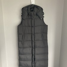 Superdry Long Puffer Gilet Womens UK 14 Sleeveless Hooded Grey Ripstop Jacket