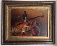 Large oil painting Still life Wine bottle and violin framed signed Crin Gale ARR